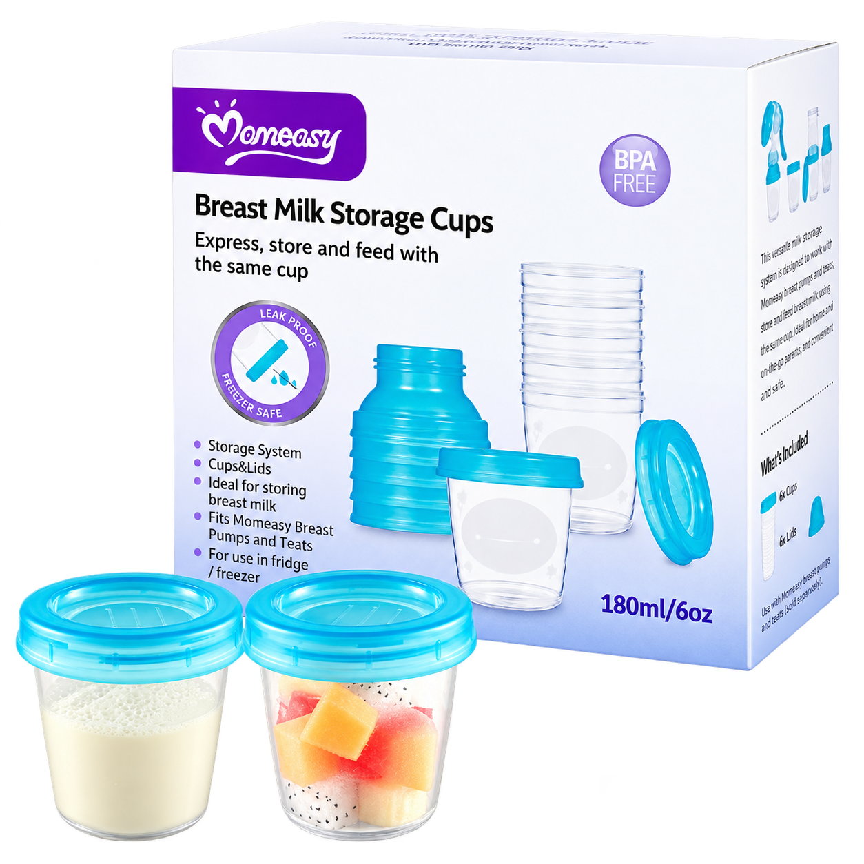Breast Milk Storage Cups — Momeasy storage cups with leak-proof lids, 180ml, set of 6 — express, store and feed from the same cup.