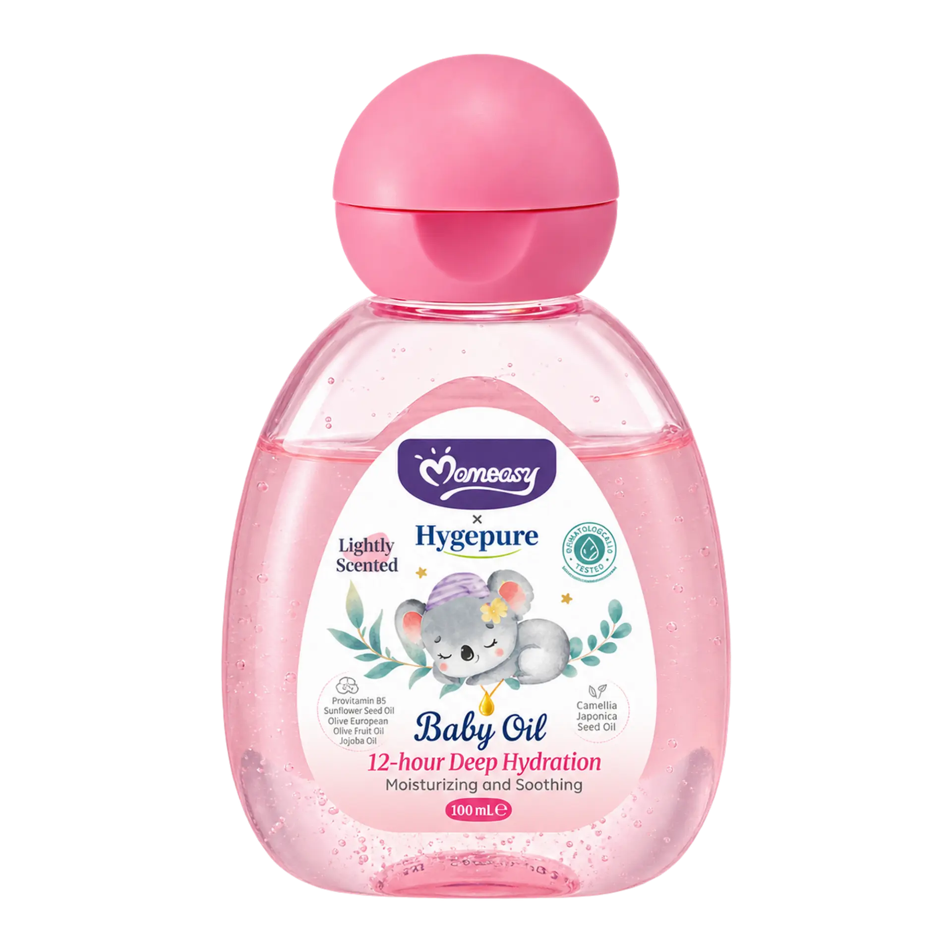 Pink Baby Oil — Lightly scented Momeasy Hygepure baby oil in a pink-capped 100ml bottle.