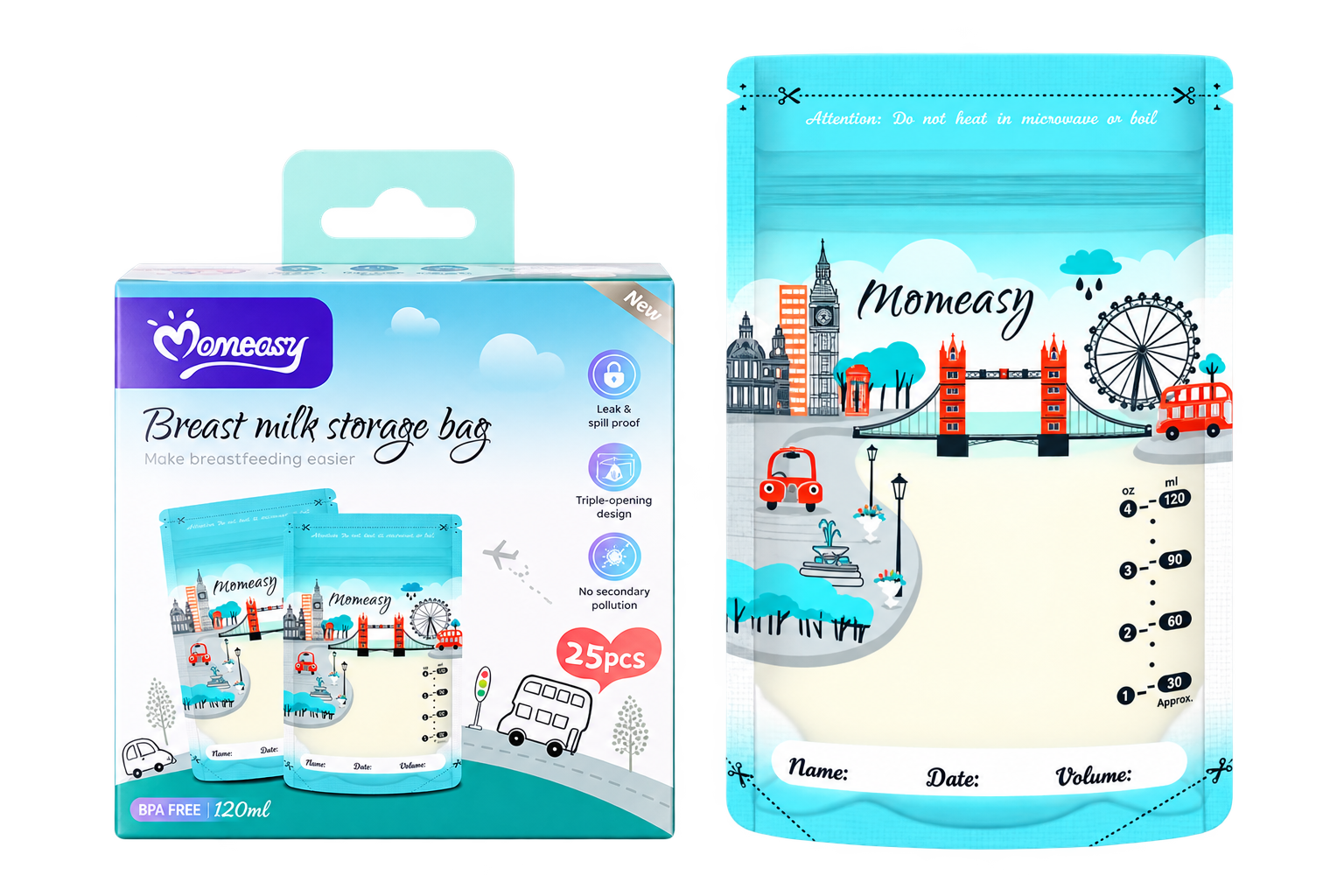 Breast Milk Storage Bags — Momeasy leak-proof breast milk storage bags, 120ml, box of 25 with name and date fields.