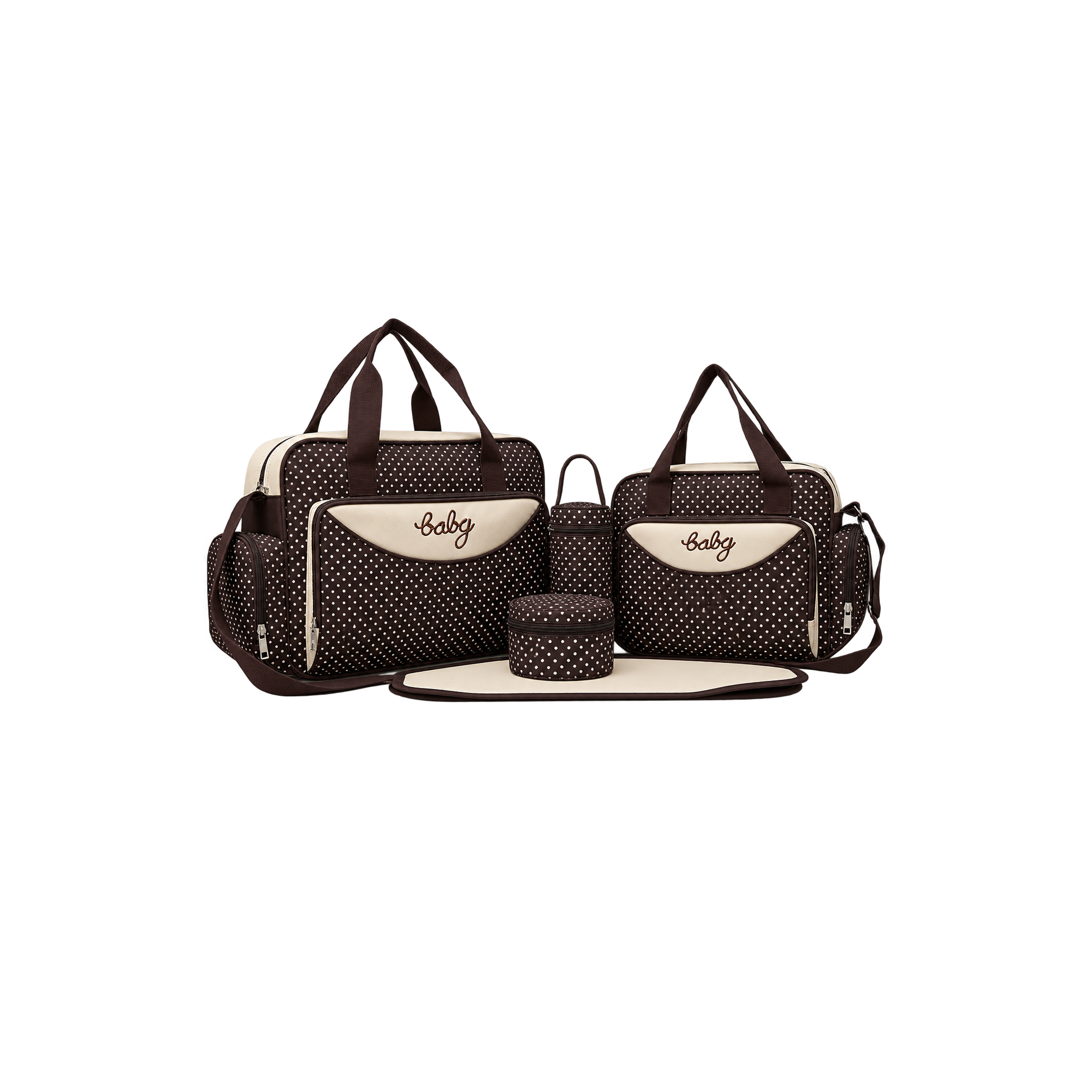Black & Beige Diaper Bag Set — Polka-dot diaper bag set with changing mat and bottle holders.