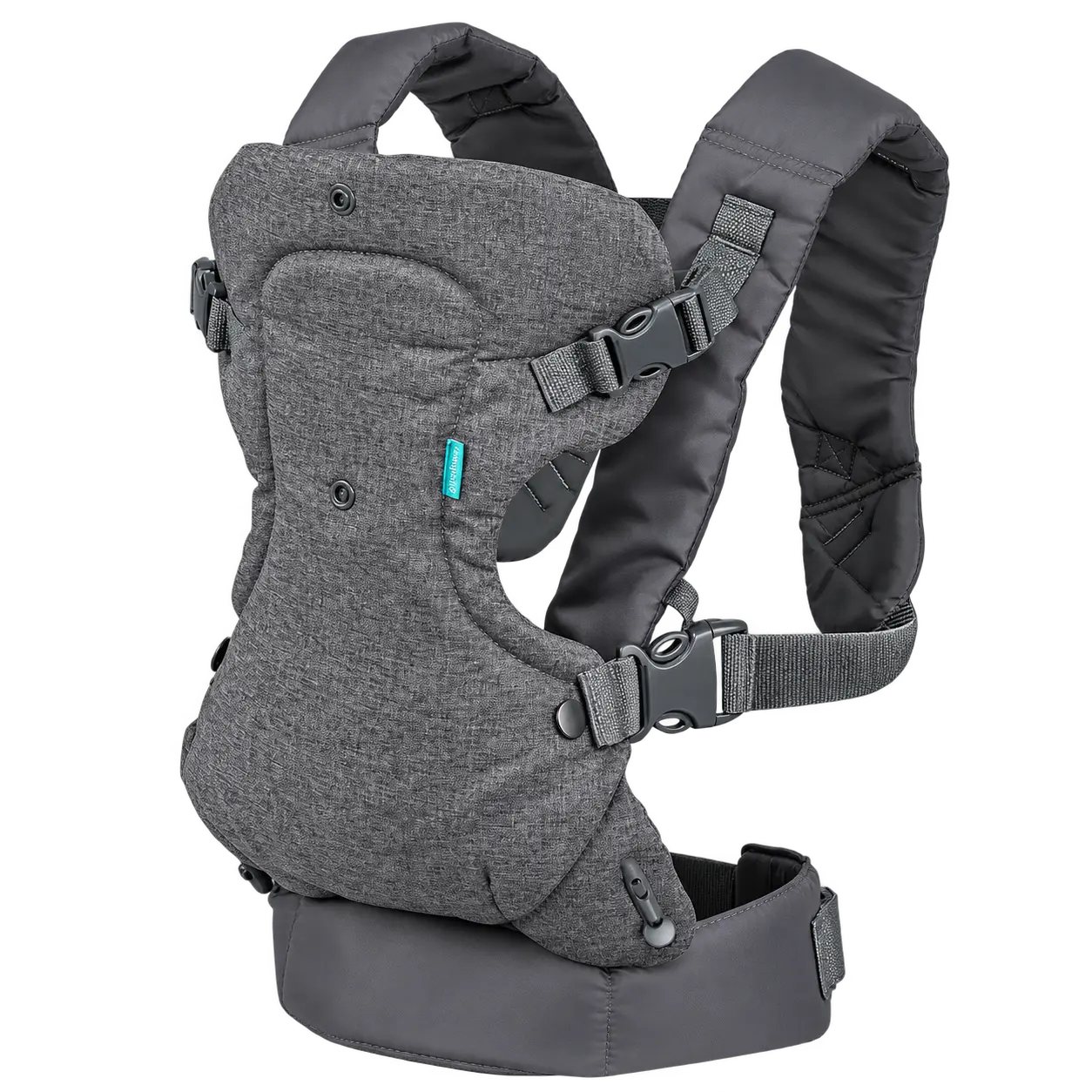 Baby Carrier — Gray baby carrier with padded shoulder straps and adjustable buckles.