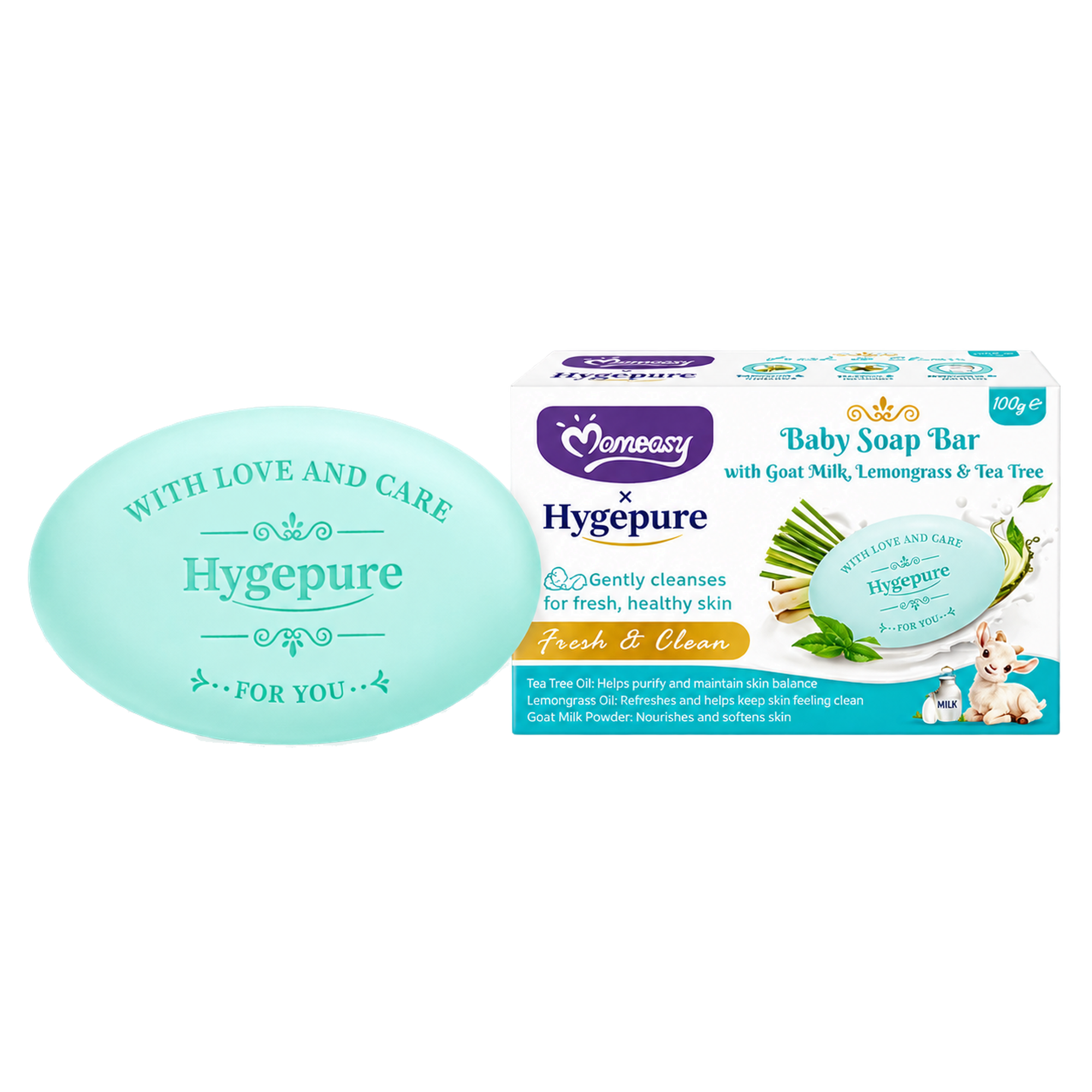 Baby Soap and Box — Momeasy Hygepure baby soap bar in its original box, 100g.