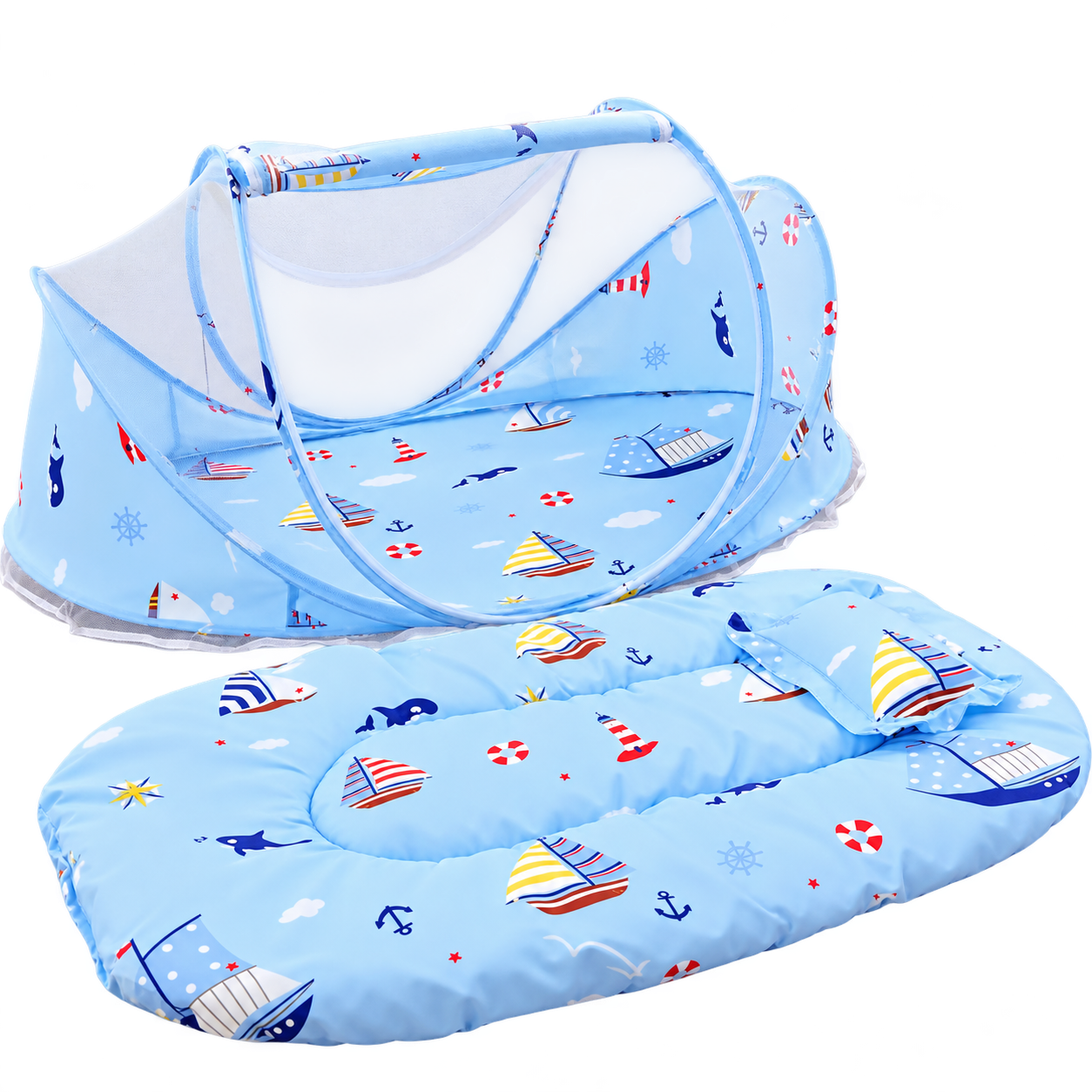 Baby Mosquito Net Set — Blue boat-print mosquito net set with matching padded mat and pillow.