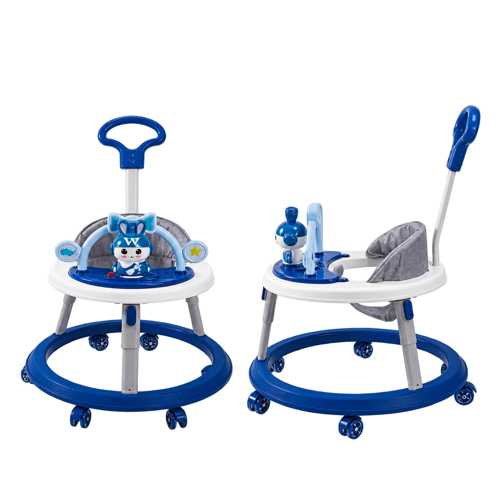 Blue Baby Walkers — Blue baby walker with an activity tray, padded seat and push handle.