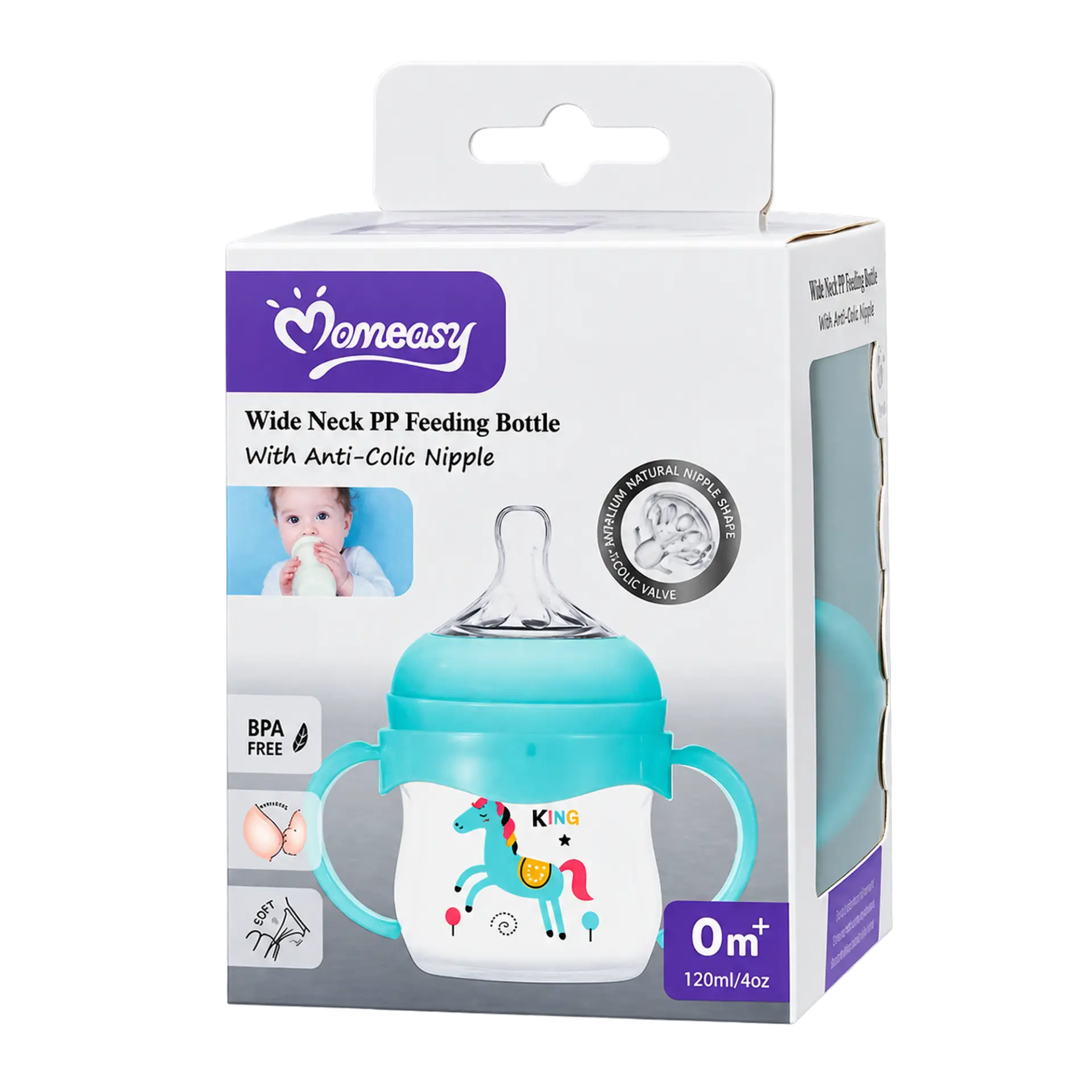 Feeding Bottle Box — Boxed Momeasy wide-neck feeding bottle with handles and an anti-colic nipple, 120ml.