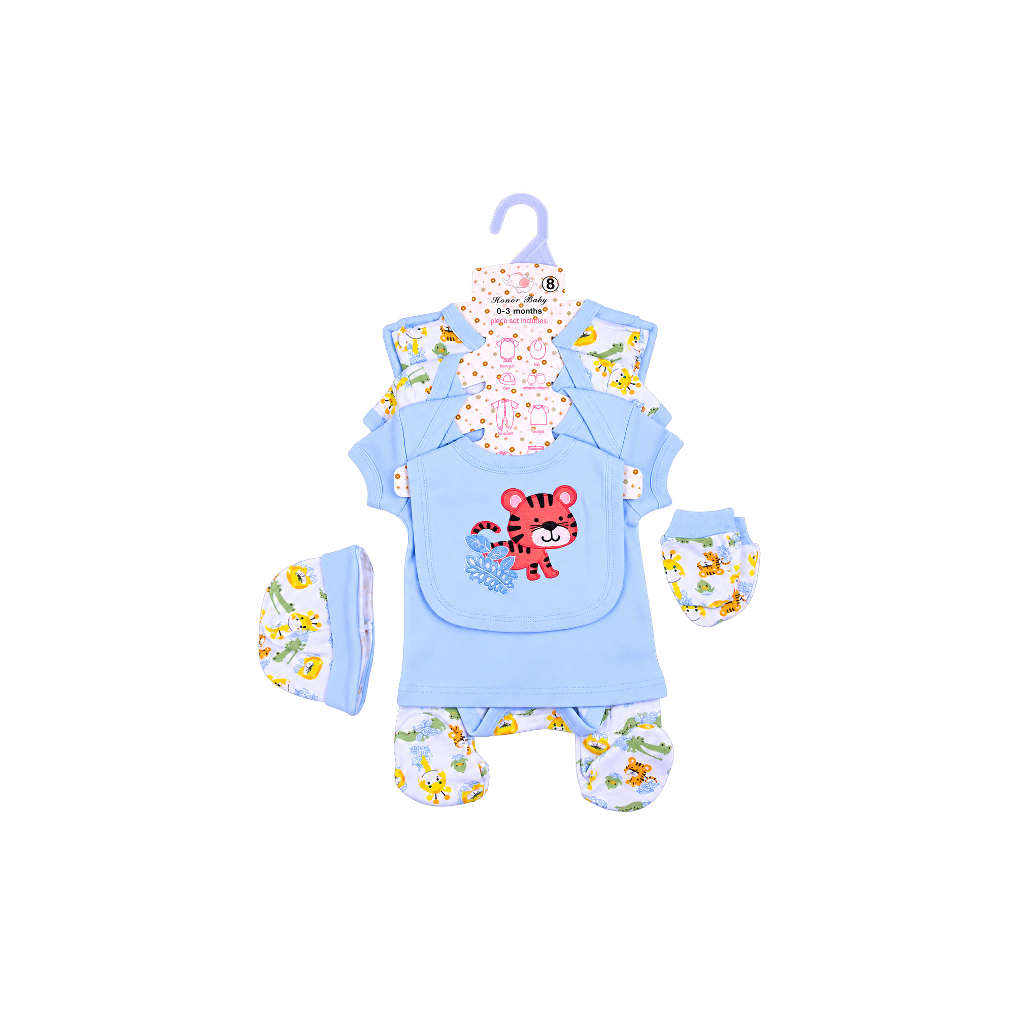 Blue Newborn Outfit Set — Eight-piece sky-blue newborn set with a safari animal print — sleepsuit, bodysuits, bib, cap and scratch mittens for 0–3 months.