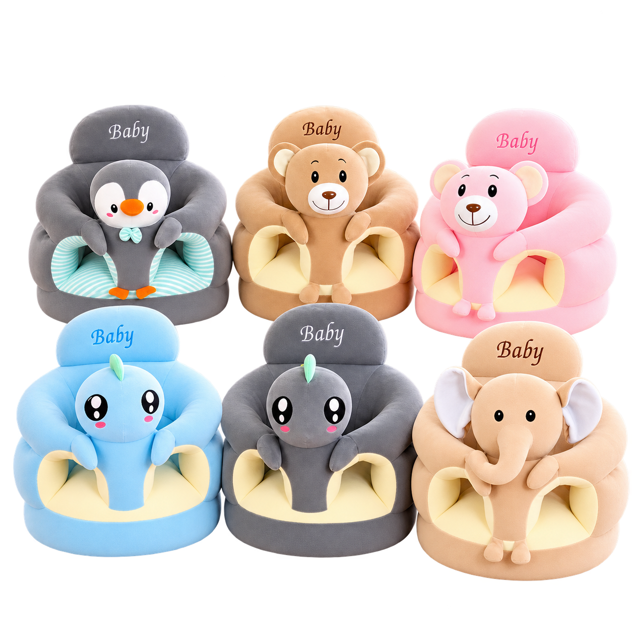 Baby Plush Seat — Plush animal support seat with a soft backrest, in six friendly designs.