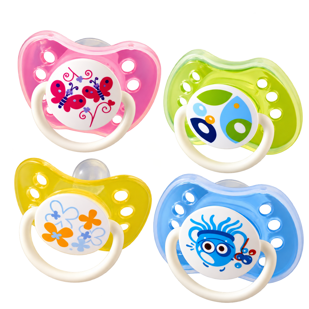 Baby Pacifiers — Colourful orthodontic pacifiers with breathable shield holes, sold singly.