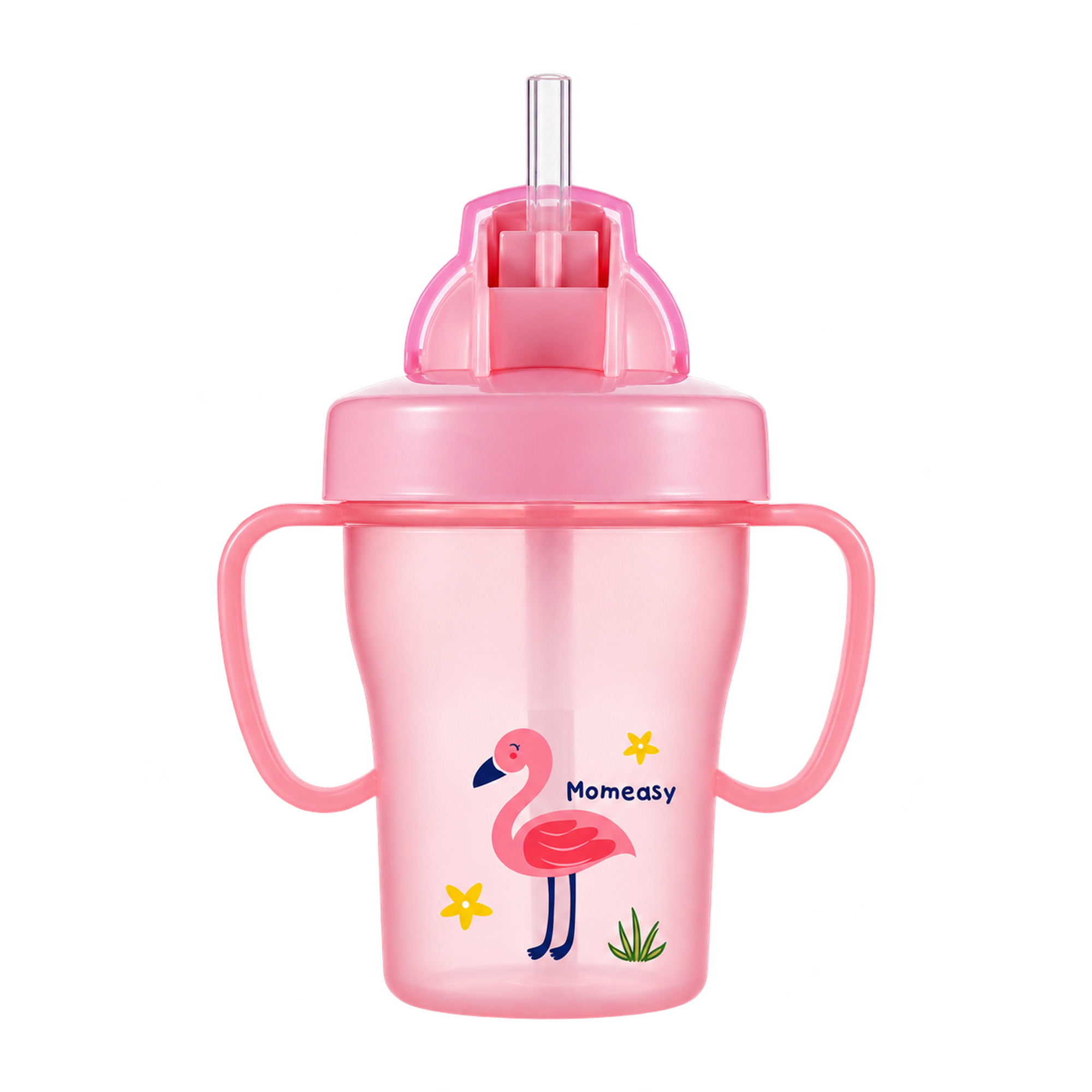 Pink Children's Cup — Pink Momeasy straw cup with two handles and a flamingo design.
