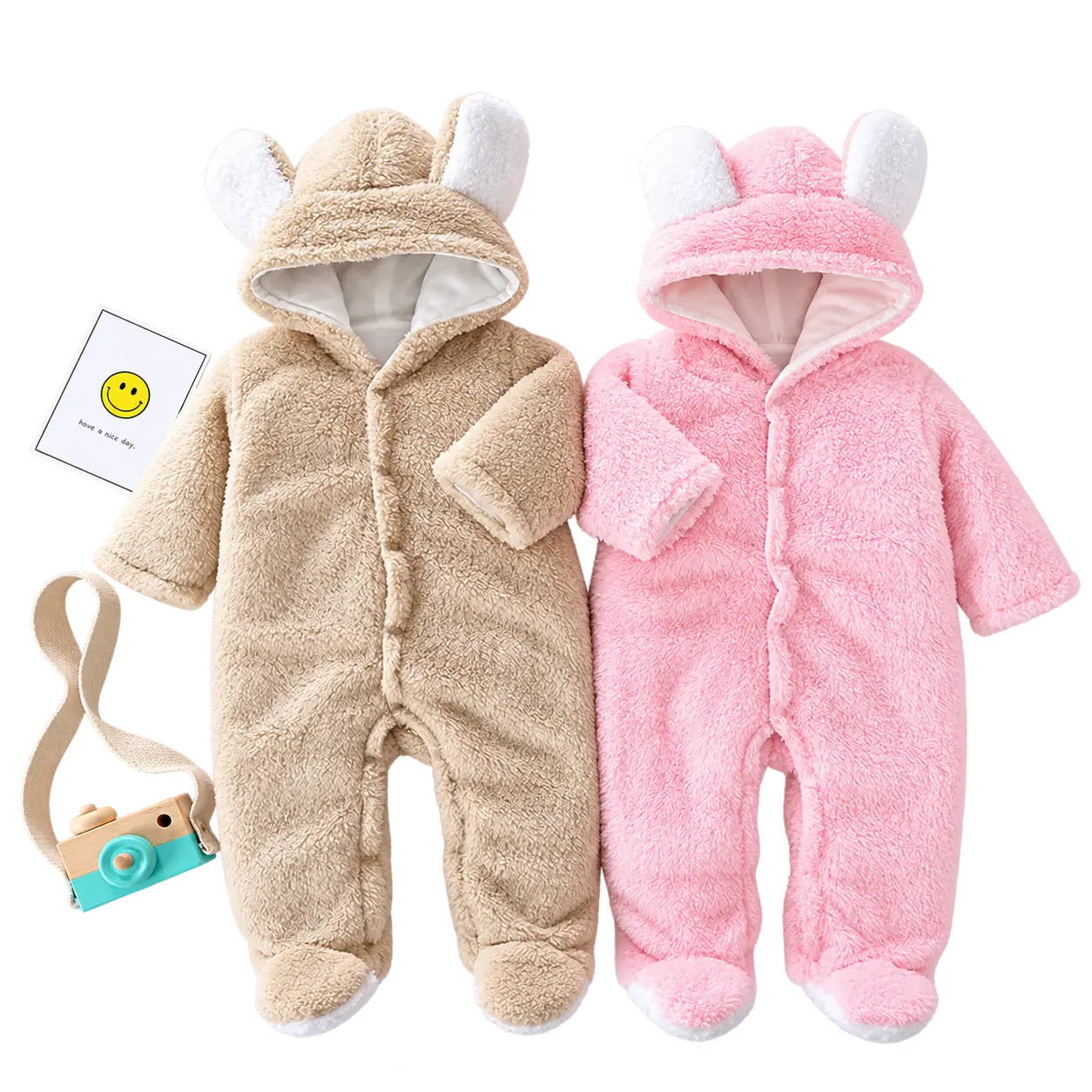 Hooded Baby Rompers — Soft hooded rompers in gentle beige and pink, cosy for everyday wear.