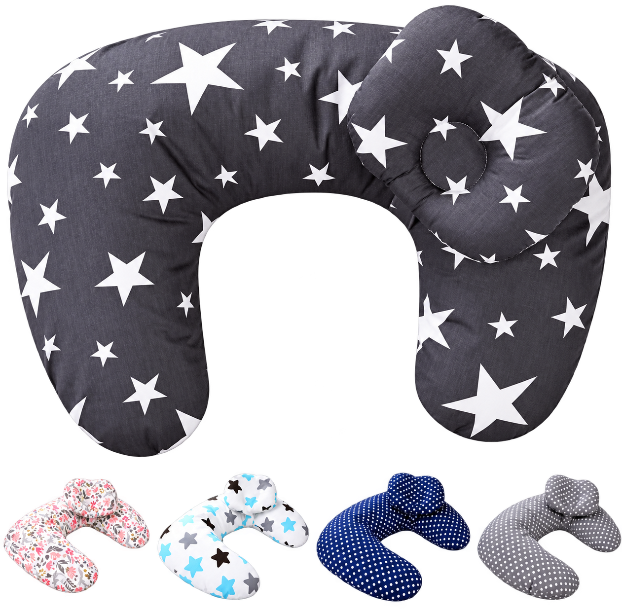 Nursing Pillow — U-shaped nursing pillow with a back-support cushion, in several star and floral prints.