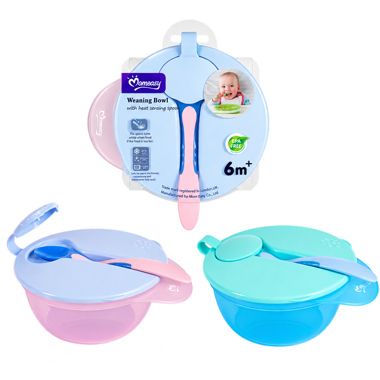 Baby Weaning Bowls — Momeasy weaning bowl with lid and heat-sensing spoon that turns white when food is too hot.