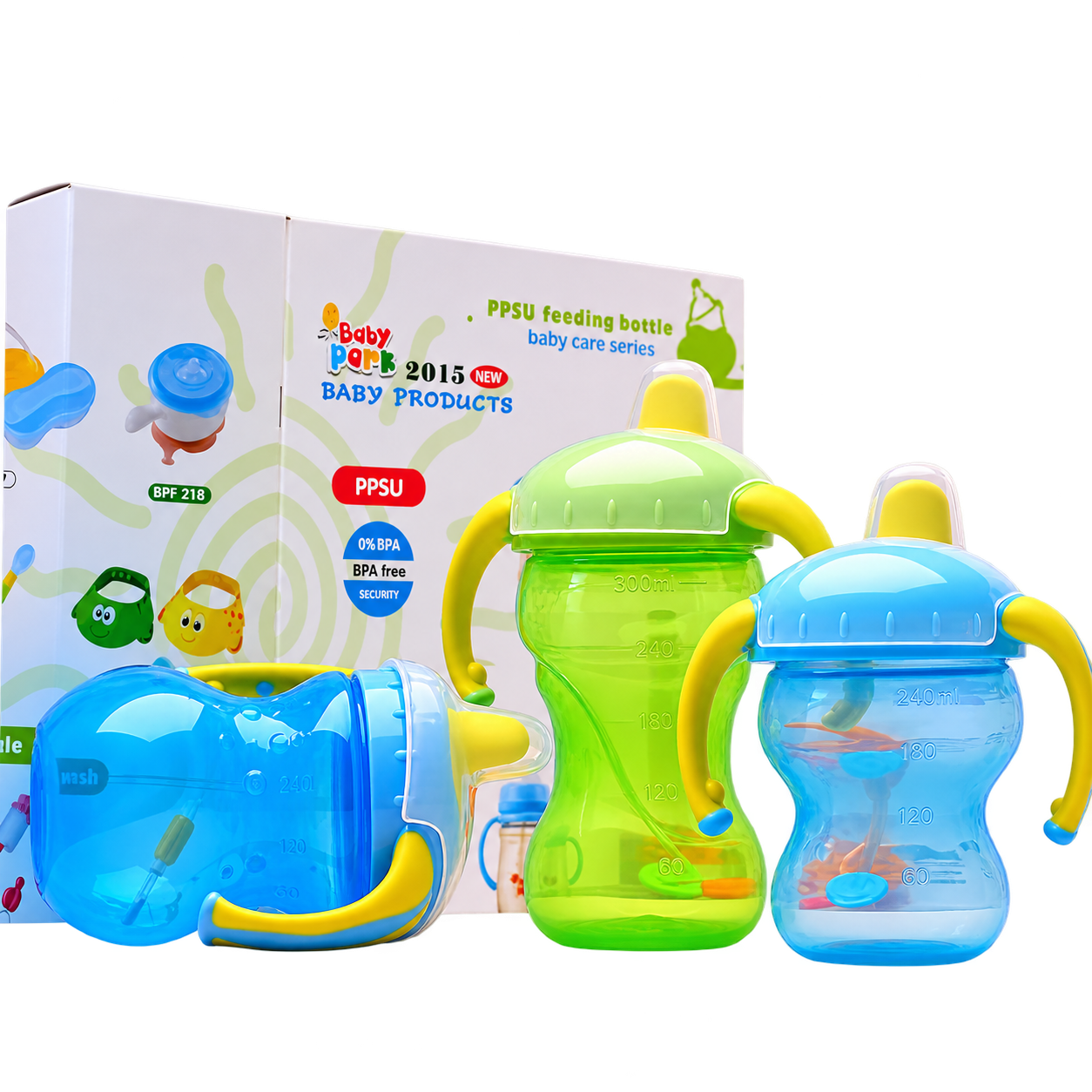 Baby Sippy Cups — BPA-free sippy cups with soft handles and measurement markings, 240–300ml.