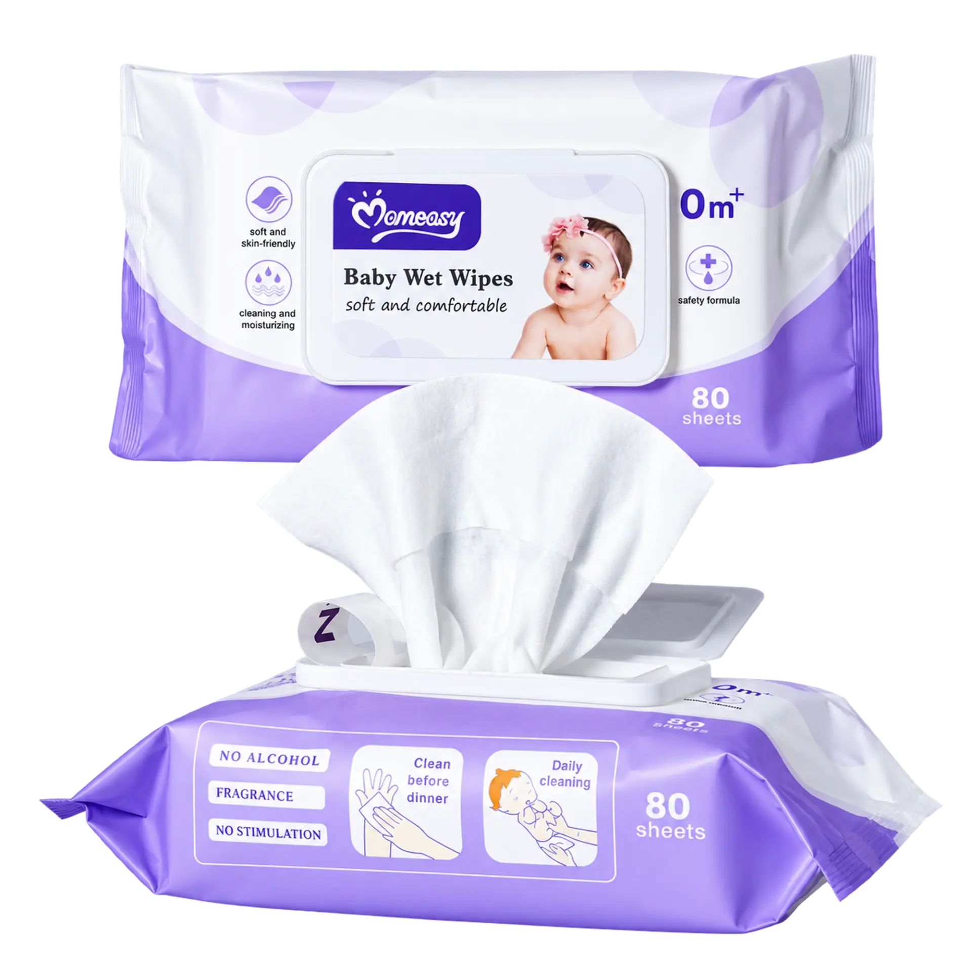 Baby Wet Wipes — Momeasy baby wet wipes in a resealable pack of 80 sheets.