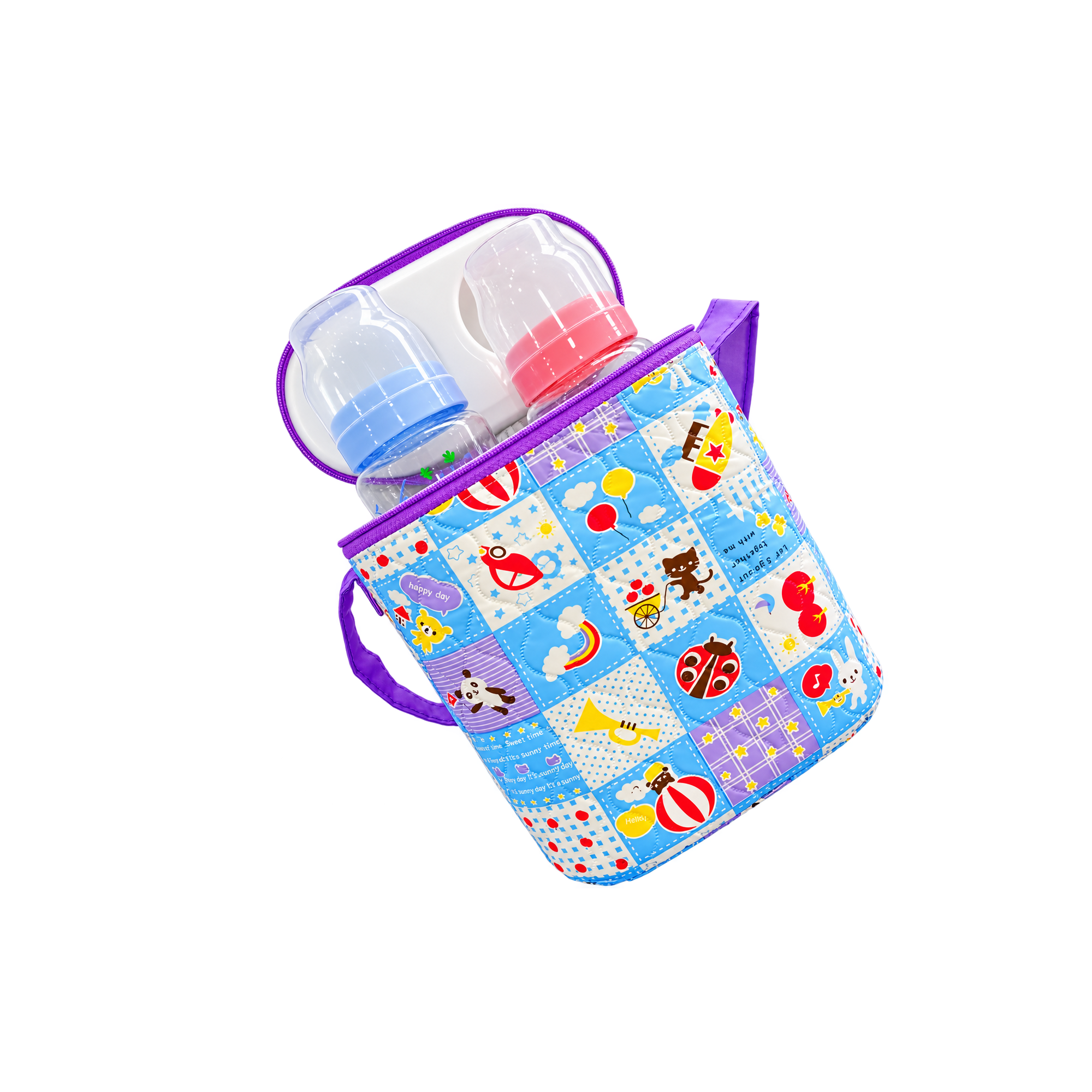 Blue Baby Diaper Bag Set — Quilted blue patchwork diaper bag with a purple strap, an insulated bottle cooler insert and two bottles.