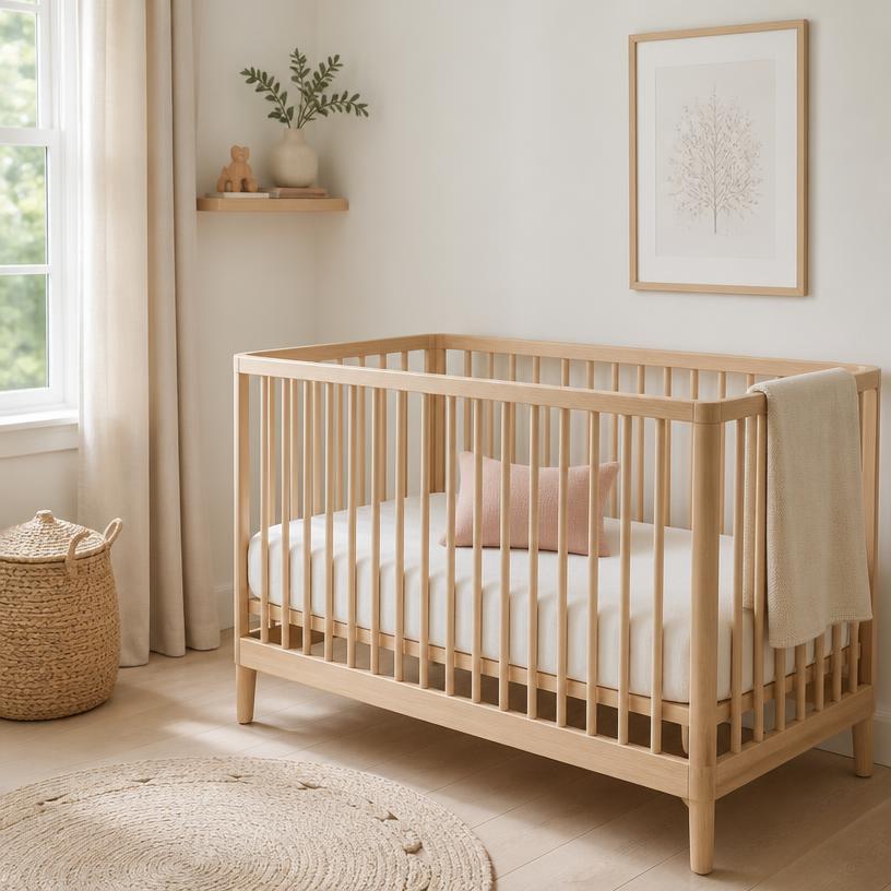 Light wooden cot with cream bedding in a bright nursery