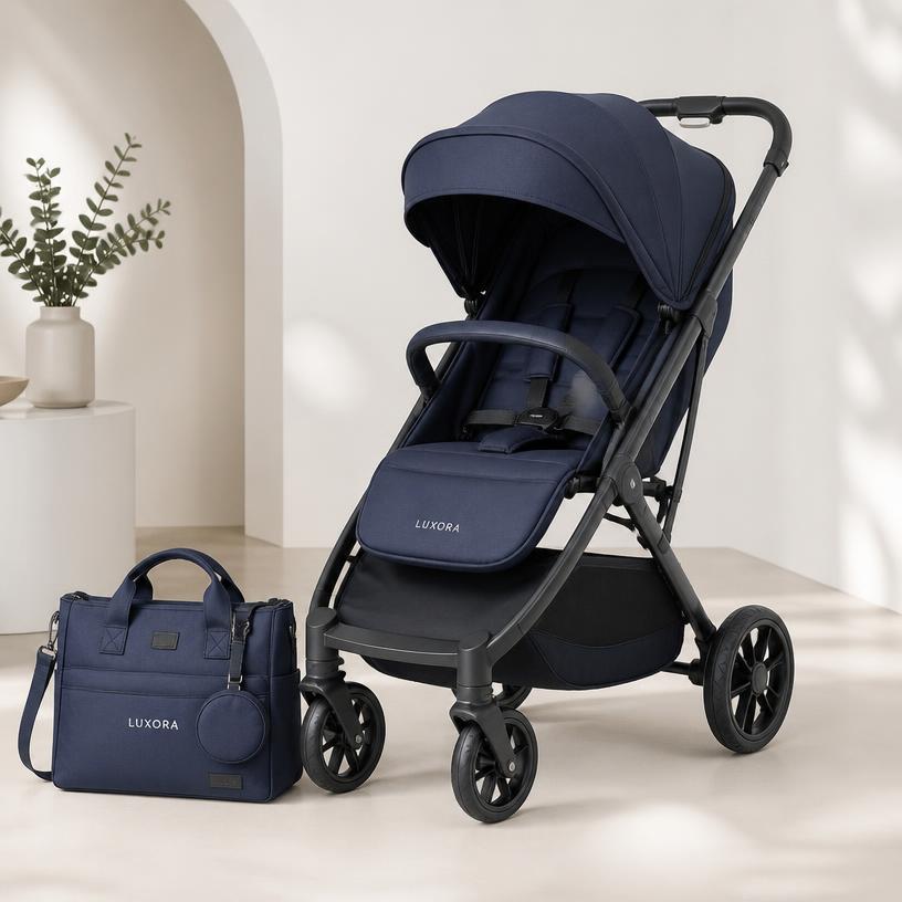 Navy stroller and matching diaper bag