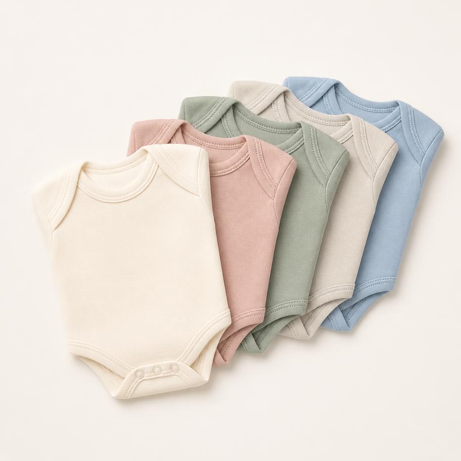 Five-Piece Newborn Bodysuit Set — Five breathable cotton bodysuits in calm, everyday colours.
