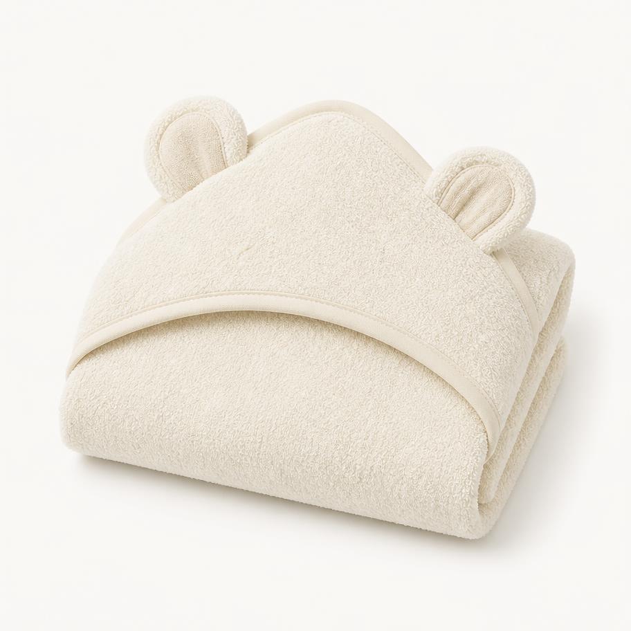 Hooded Bamboo Cotton Baby Towel — Thick, quick-drying hooded towel for warm cuddles after bath time.
