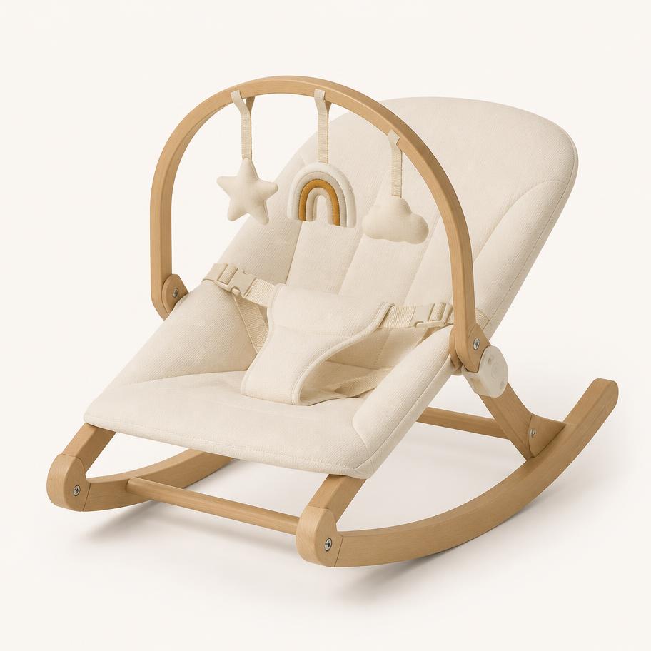 Wooden Frame Baby Rocker — Gentle rocking seat with a removable toy arch.