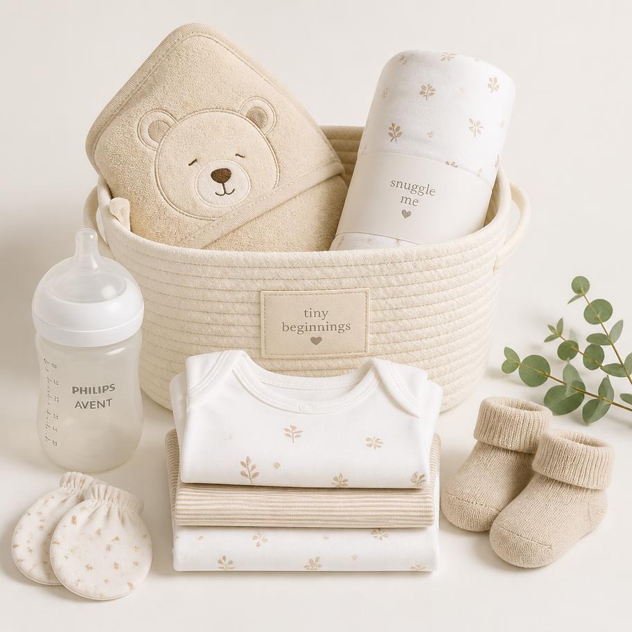 Newborn starter bundle with bodysuits, towel and bottle in a keepsake basket