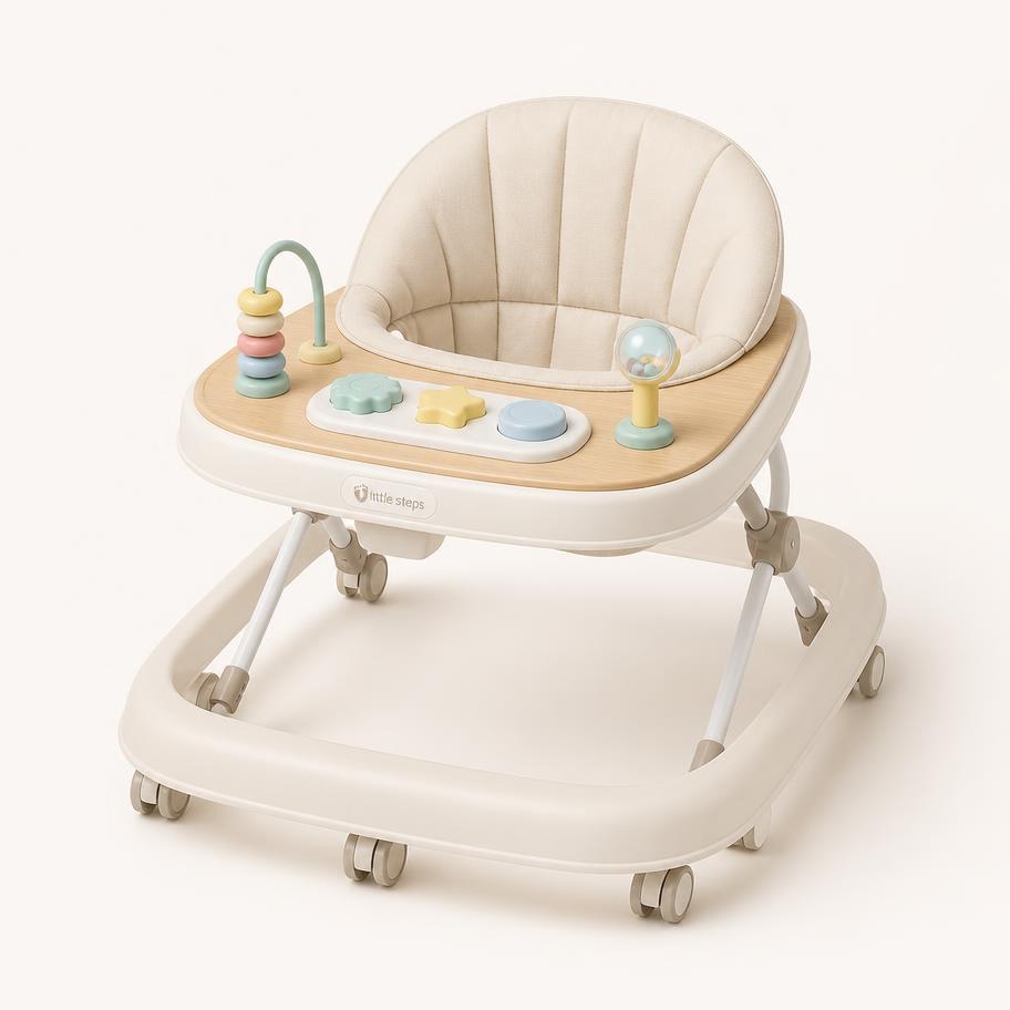 First Steps Baby Walker — Height-adjustable walker with a removable activity tray.